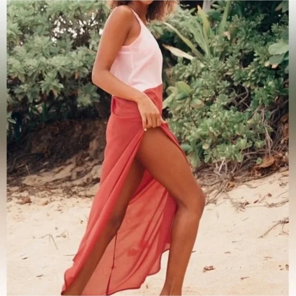Lulus Seaside Retreat Maxi Cover Up Dress Women's XS Blush Red Sheer‎ Resort